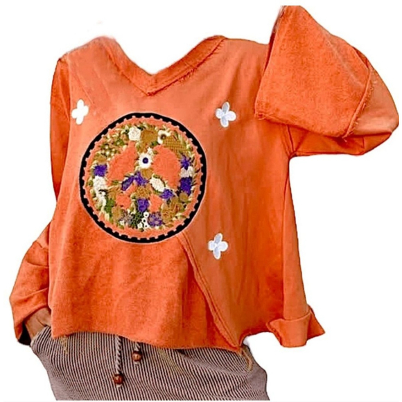 POL Tops - POL Embroidered Peace Sweatshirt V Neck Slit Back Long Sleeves Sz.L Papaya